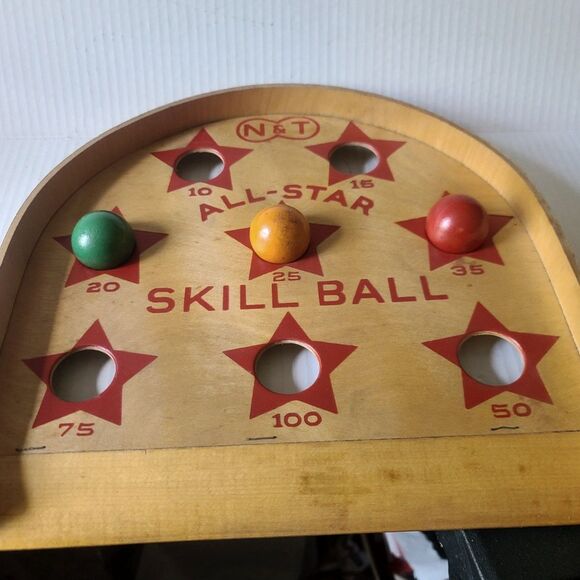 Vintage Newton & Thompson Wood All Star Skill Ball with Original Box and 3 balls - Picture 4 of 9